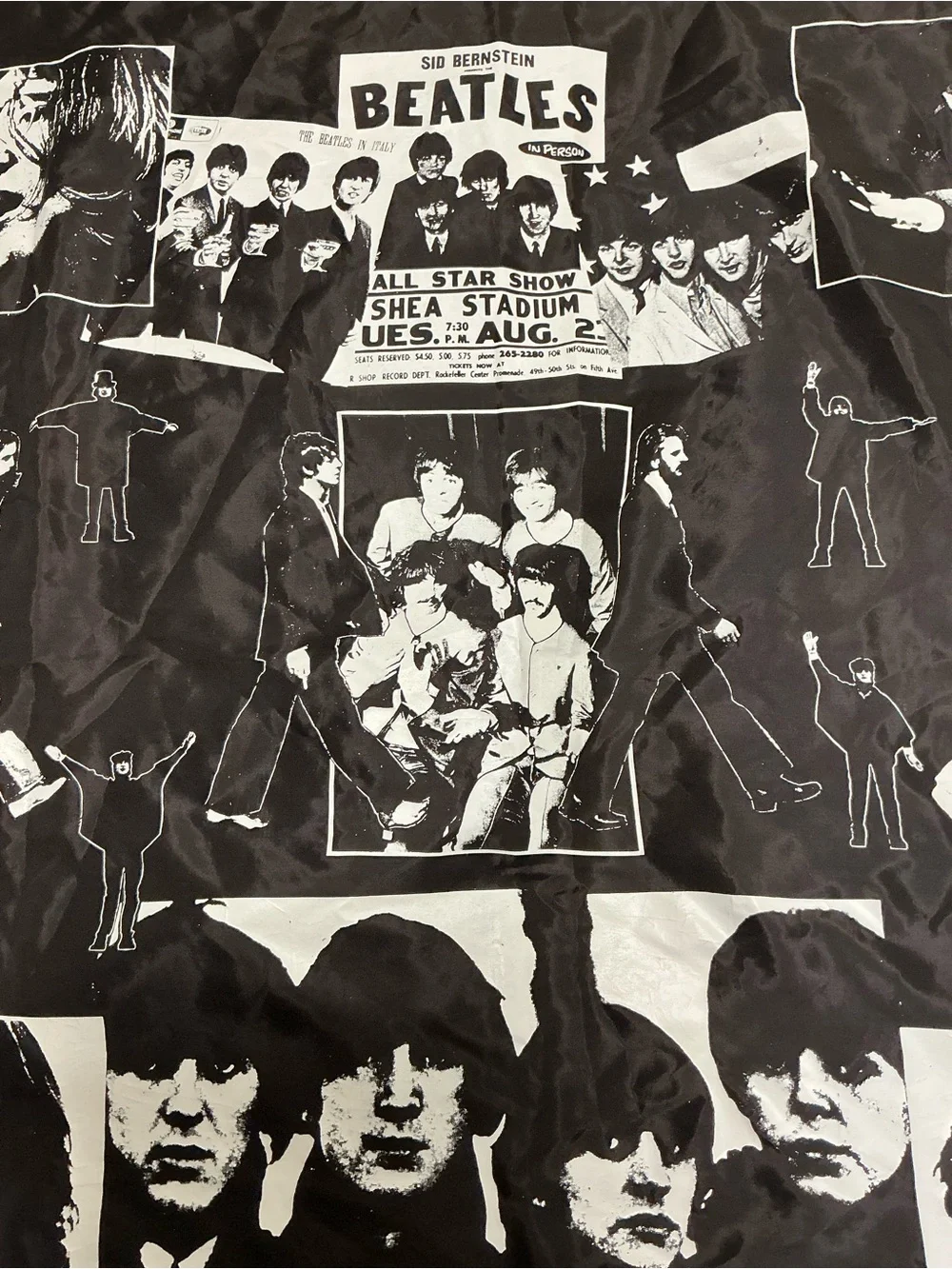 Vintage The Beatles Black Fabric wall Hanging Tapestry Banner Shea Stadium Graph